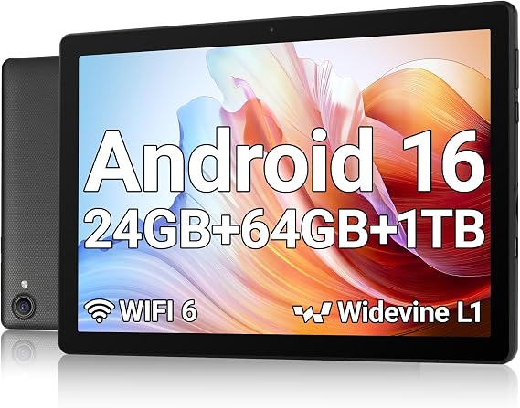 Jeazans Tablet, 10.1" Android 16 Tablet, 24GB RAM 64GB ROM 1TB Expand, 6000mAh Battery, Dual 5MP+8MP Camera, 1280x800 IPS HD Touchscreen, Widevine L1, Wi-Fi 6 BT 5.4 GMS Certified, Face Unlock
