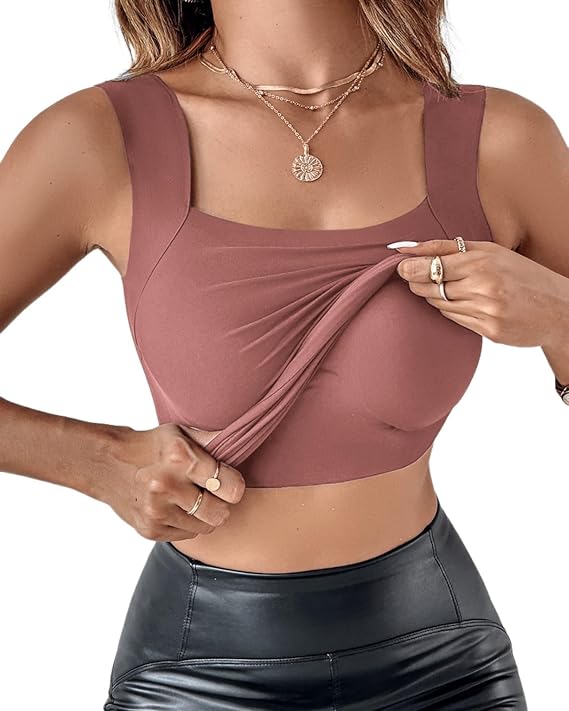 CHICME Womens U Neck Shapewear Built-in Bra Tank High Strechy Sleeveless Slim Fit Tops Camisole Workout Tops