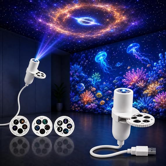 Starry Sky Projector Underwater World - Galaxy Projector Starry Sky Night Light 5-in-1 Plug and Play Ocean Projector Lamp 360° Rotating Gooseneck HD Star Projector with USB Connection [Energy Class D]