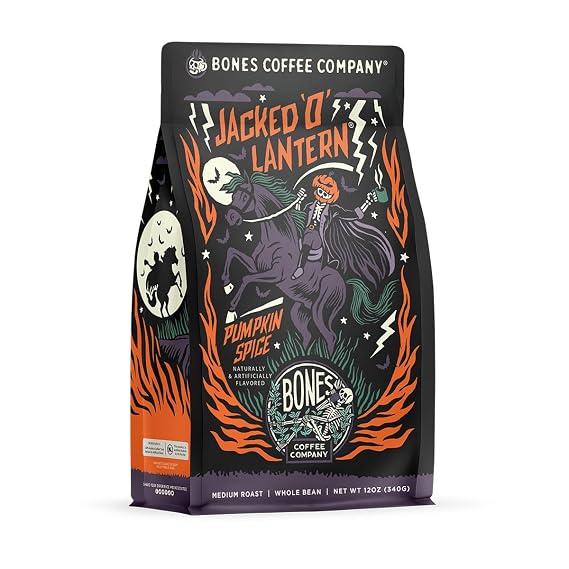 Bones Coffee Company Jacked O' Lantern Pumpkin Spice Flavored Whole Beans | 12 oz Medium Roast Arabica Low Acid Coffee | Gourmet Whole Bean