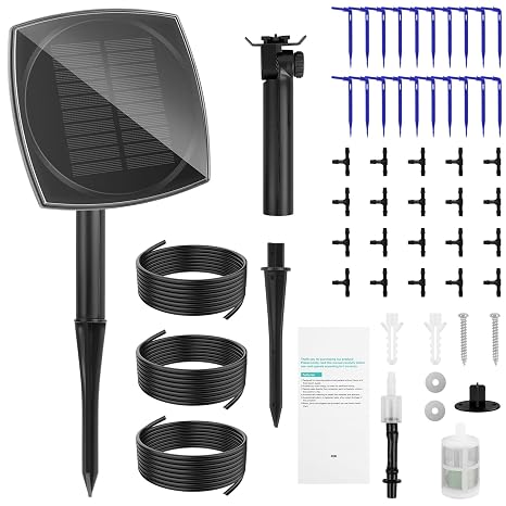 Solar Drip Irrigation System Kits, Self Automatic Greenhouse Watering Systems with 12 Timer Modes & 20 Drippers & 20 T-joint &15m Hose, Anti-siphon, Waterproof, for Garden Yard Lawn Plant
