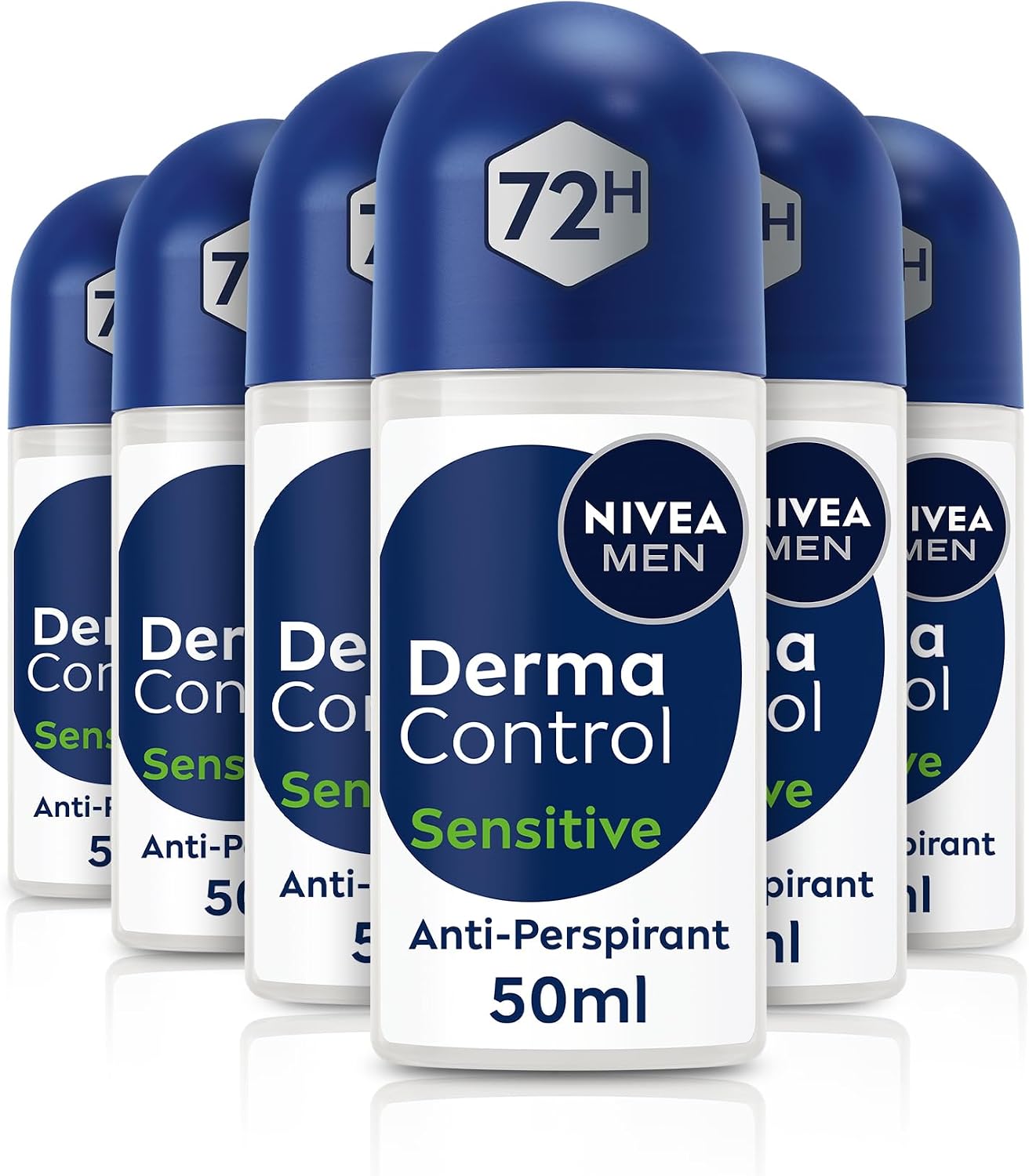 NIVEA MEN Derma Control Sensitive Roll On (6 x 50ml), Anti-Perspirant Formula for Defence Against Odour and Staining, 72H Protection Deodorant for Sensitive Skin, Pack of 6