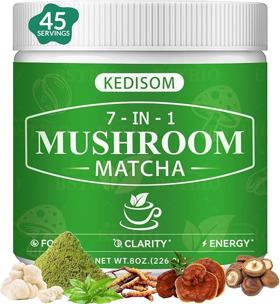 Mushroom Matcha, Adaptogenic Mushroom Blend with 7 Superfood Mushrooms and Ceremonial-Grade Matcha for Energy, Focus, Digestion, Immunity with Turkey Tail, Shiitake, Lion's Mane, 45 servings