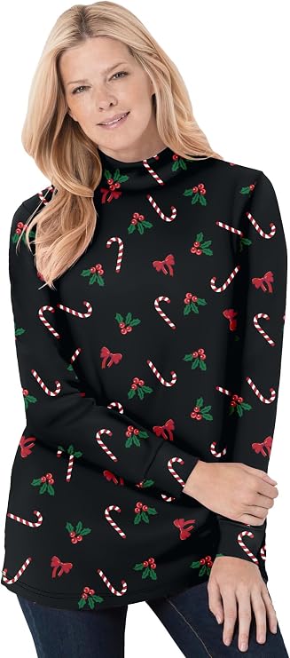 Woman Within Perfect Printed Long-Sleeve Mockneck Tee