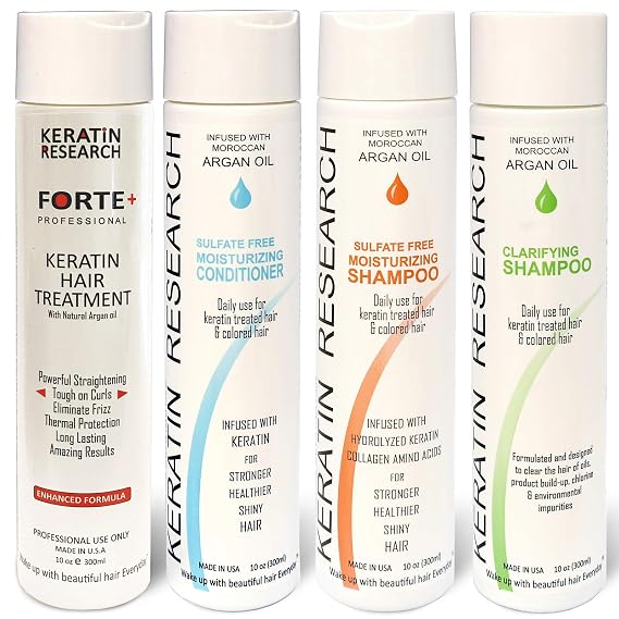 KERATIN RESEARCH Brazilian Keratin Forte Blowout Hair Treatment Straightening Long Lasting Organic Natural Results with Argan Oil Keratina Brasilera (Forte Formula LG-SET)