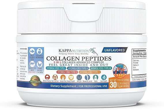 KAPPA NUTRITION Collagen Peptides Powder, 5 in 1 Multi-Collagen Advanced Complex with Hydrolyzed Collagen Peptides, Supports Skin, Hair, Nails, Joints & Bones / 30 Servings