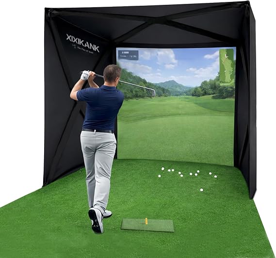 Golf Simulator Enclosure for Home Instant Quick and Easy Tool-Free Setup in 5 Mins Golf Hittig Cage - Complete Set with Heavy Duty Frame,HD Impact Screen and Putting Green Turf (8x8 ft)