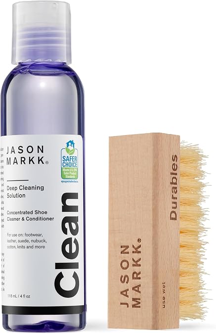 Jason Markk Essential Kit, Shoe Cleaner, 2-Piece Set, Deep Cleaning Solution & Durables Brush, Sneaker Care, Ideal for Footwear, Safe for Midsoles, Full-Grain Leather, Rubber, Plastic, and More, 4oz