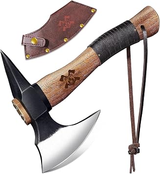Grumpy Bear 11" Survival Axe Camping Hatchet Forged High Carbon Steel Blade with Walnut Wood Handle Shock-Absorbing, Anti-Slip Grip Ideal for Bushcraft, Wood Splitting & Outdoor Adventures