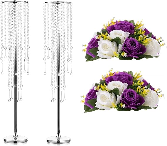 Tall Vases Wedding Centerpieces for Tables - 39.4" Silver Flower Vase with Chandelier Crystal, Centerpiece Table Decorations, Metal Flower Stand for Wedding, Party, Events, Home Decoration, 2 Pcs