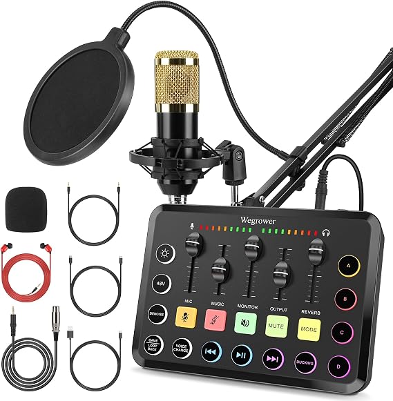 Wegrower W-11GD Rechargeable Audio Mixer for Gaming & Podcasting | 48V Phantom Power, Dual Mic Inputs, RGB Lighting, 1-Click Noise Cancel, Voice Changer