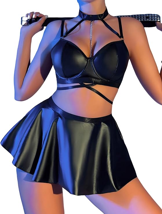Sexy Strappy Leather Underwire Mini Skirt Bra Top Lingerie Set for Women
