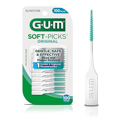 GUM Soft-Picks Original Interdental Picks, 100 Count | Soft bristles, Easy-to-Use Pick, Safe for braces & bridges, Latex & wire free, Plastic carry case included, Disposable picks