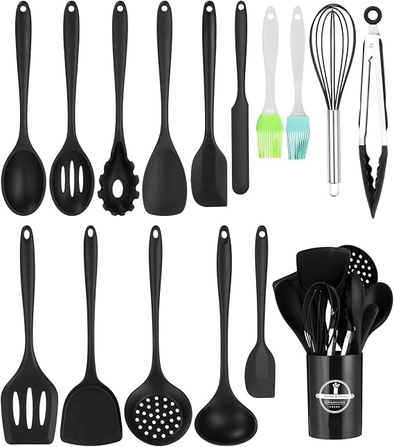 Küchenhelfer Set（Schwarz）15 Stück Kochutensilien KochgeschirrKochlöffel Set SilikonHitzebeständiger Antihaft Kochset mit UtensilienhalterSpülmaschinenfest