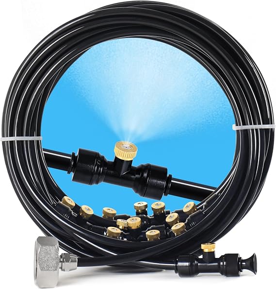 Bonviee 100FT Misters for Outside Patio, 28 Nozzles, 3/4 Inch Brass Adapter | 30M Outdoor Misting System for Patios, Gardens & Greenhouses, Preassembled Misting Line for Flexible DIY Cooling Layouts.