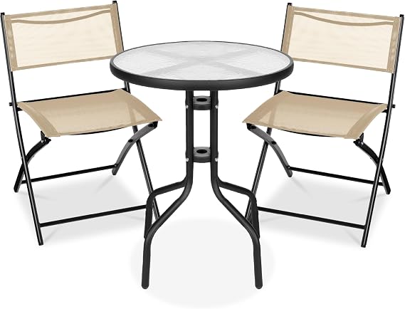 Best Choice Products 3-Piece Patio Bistro Dining Furniture Set w/Textured Glass Tabletop, 2 Steel Folding Chairs, Polyester Fabric - Beige