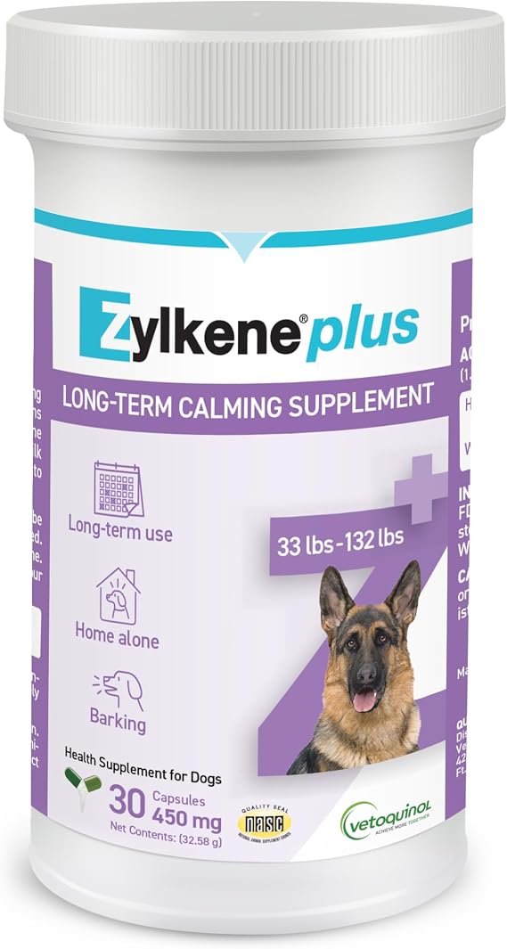 Vetoquinol Zylkene Plus Long-Term Calming Supplement with Alpha-Casozepine and White Fish Muscle Hydrolysate for Large Dogs 33-132lbs, Daily Behavioral Support for Dogs, 450 mg