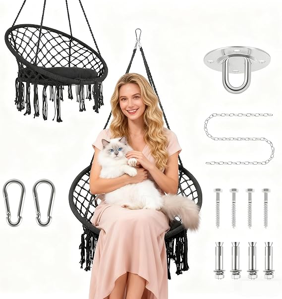 Hanging Chair, Porch Swing Chair Boho with Thickened Cotton Cushion, 500Lbs Capacity Macrame Hammock for Indoor Outdoor, Heavy Duty for Adult, Kid, Pet