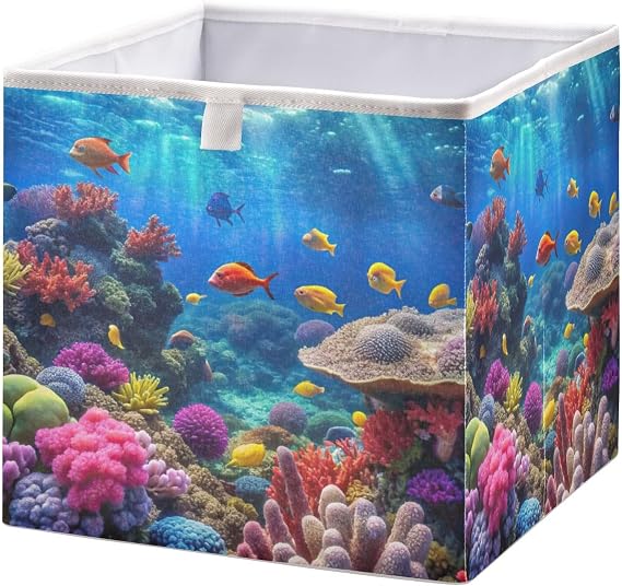 Storage Bins Underwater Ocean Coral Reef for Organizing, Fabric Storage Basket, Foldable Organizer Cubes Square