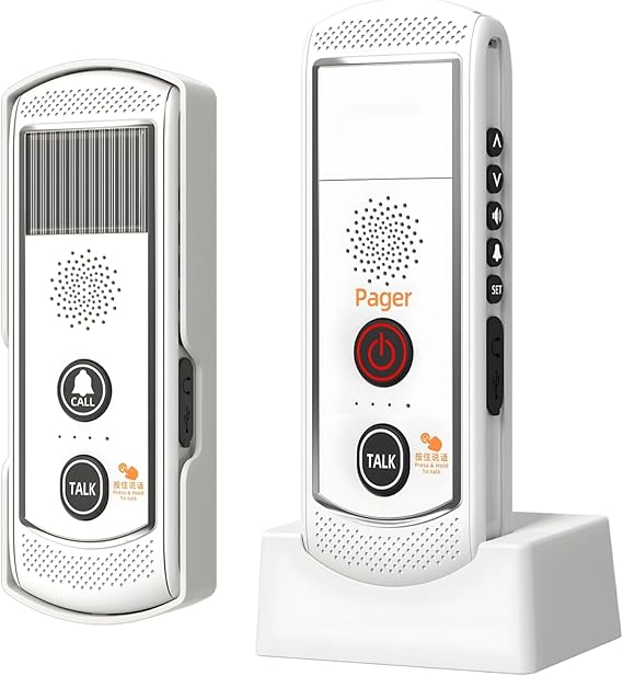 Wireless Solar-Powered Long-Range Intercom Doorbell, White with Black Buttons, Supports 16 Connections, USB Charging, Ideal for Homes and Buildings