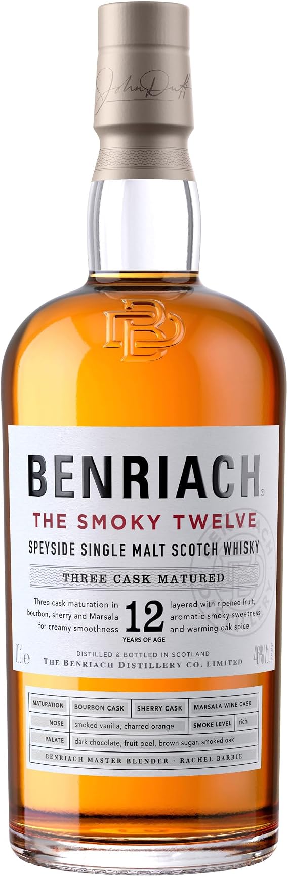 BENRIACH The Smoky 12 Three Cask Matured 0.7 L - 46% Vol. Premium Speyside Single Malt Scotch Whisky; Gift Boxed Mix of ripe pear nectarine and sweet barley malt