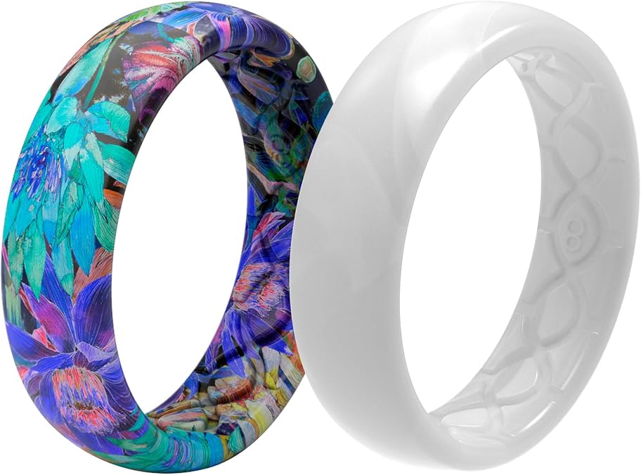 Groove Life Aspire Twilight Blossom and Solid Thin Pearl Silicone Ring Bundle - Size 7