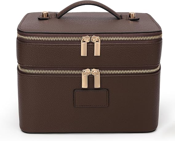 HiTotes Makeup Bag Vanity Case for Women Large Leather Makeup Case Travel Toiletry Bags Double Layer Cosmetic Bag for Daily Use