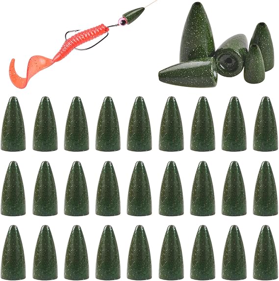 Bullet Fishing Weights Sinkers, 30pcs Worm Weights Fishing Sinkers for Bass Fishing Carolina Rig Texas Rig Slip Sinkers Sliding Fishing Weights Saltwater Freshwater