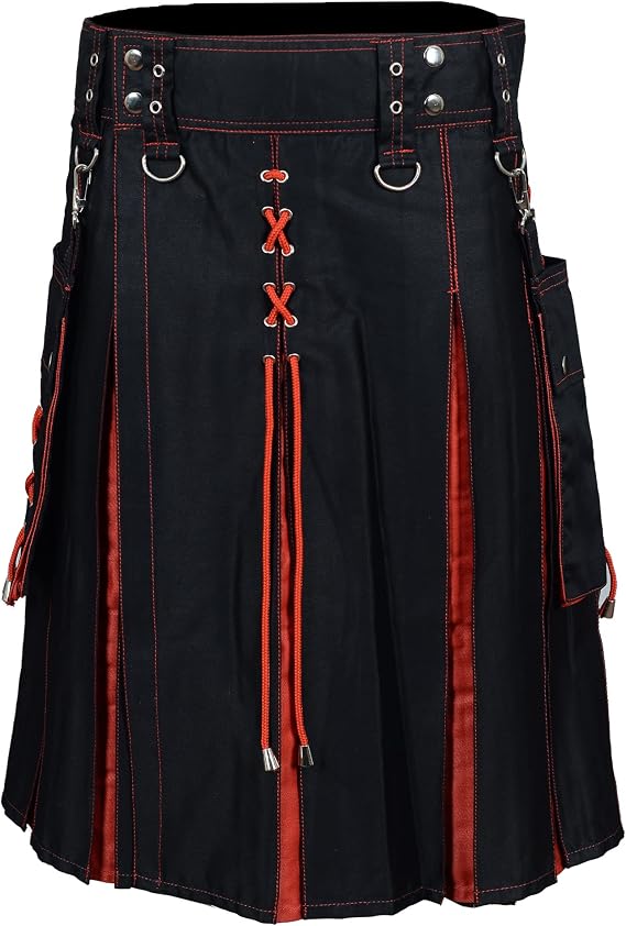Fashion Utility Hybrid Kilt Black with Red Pleats Trendy Scottish Men Dress Highlander Sports Utility Kilt with Cargo Pockets