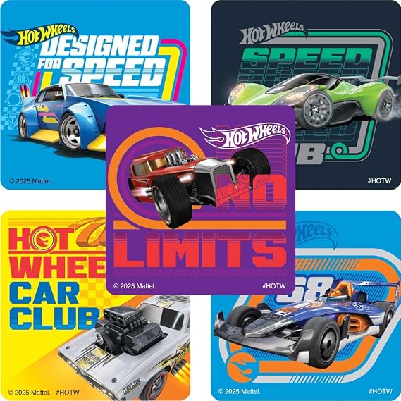SmileMakers Hot Wheels Birthday Party Stickers - 100 Pack Race Car Decorations & Classroom Rewards | Teacher Supplies for Students | Boy Party Favors with 5 Racing Designs