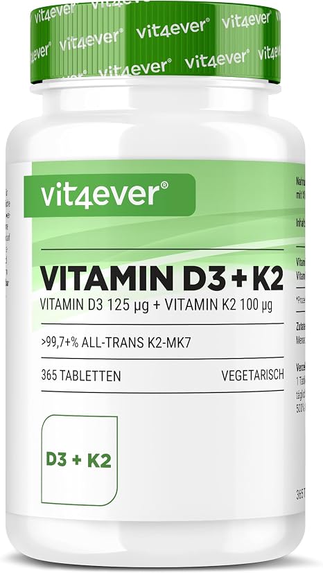 Vitamin D3 + K2 Depot - 365 Tablets - Premium Raw Material: 99.7+% All-Trans (K2VITAL® by Kappa) - With 5000 IU Vitamin D3 per Tablet - Laboratory Tested - High Dose