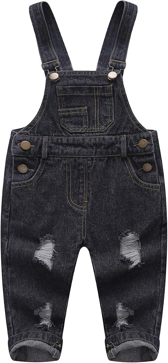KIDSCOOL Toddler Baby Denim Overalls Ripped Holes Jean Bib Romper Jumpsuit | Toddler baby denim overalls, unisex ripped distressed jean bib romper, cute gingham lining jumpsuit, infant soft outfit