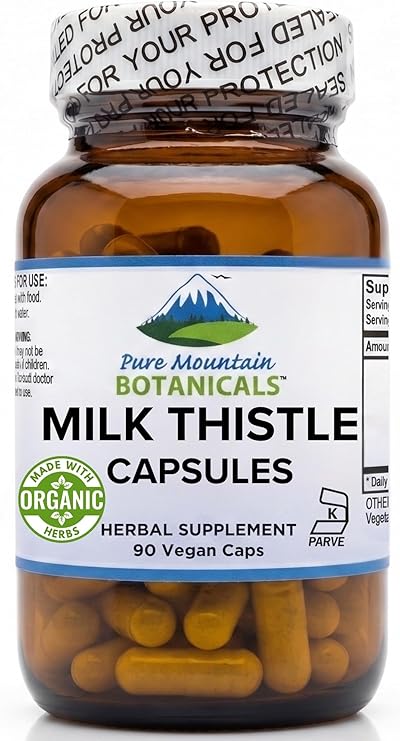 Pure Mountain Botanicals Milk Thistle Supplement - 90 Kosher Vegan Capsules - Organic Milk Thistle and 80% Silymarin Extract - 450mg Liver Health Support - Herbal