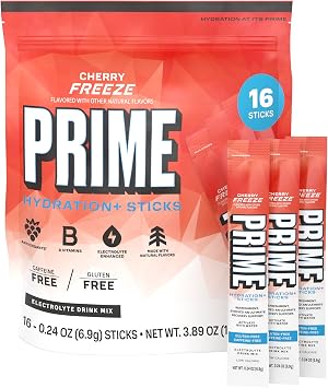PRIME HYDRATION Electrolyte Powder Sticks, Cherry Freeze, Sugar Free Hydration Drink Mix with Potassium, Magnesium & B Vitamins to Replenish Fluids, Caffeine Free, 16 Count