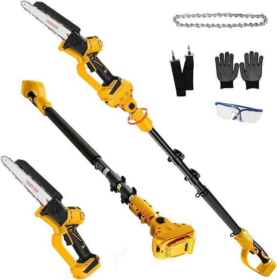 Cordless Pole Saw for Dewalt 20V Max Battery (No Battery), 8 Inch Brushless Electric Chainsaw with 9.5ft Extension Pole, 15ft Long Reach for Tree Trimming Branch Cutter