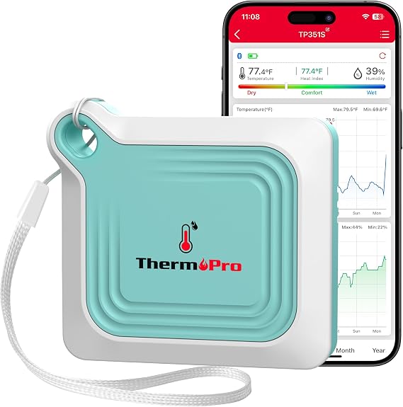 ThermoPro Bluetooth Room Indoor Thermometer, Temperature and Humidity Monitor, 260FT Remote App Control Bluetooth Temperature Sensor, 2-Year Data Storage Export for Greenhouse Room Home RV, Green