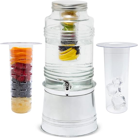 Style Setter Glass Drink Dispenser for Parties - 2.4 Gallon Large Capacity Beverage Dispenser - Easy Assembling with Leakproof Spigot - Fruit Infuser for Best Taste - Galvanized Base Water Dispenser | Leakproof Acrylic Spigot With Fruit Infuser, Thick Clear Glass Wide Mouth For Easy Refill & Cleaning At Parties
