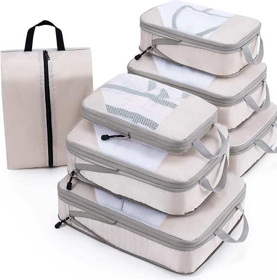 Meowoo Compression Packing Cubes 7 Set, Ripstop Mesh Travel Organizers for Luggage, Multi-Functional Ultralight Expandable Packing Cubes for Suitcase, Carry-on Luggage, Travel, Backpack, Beige