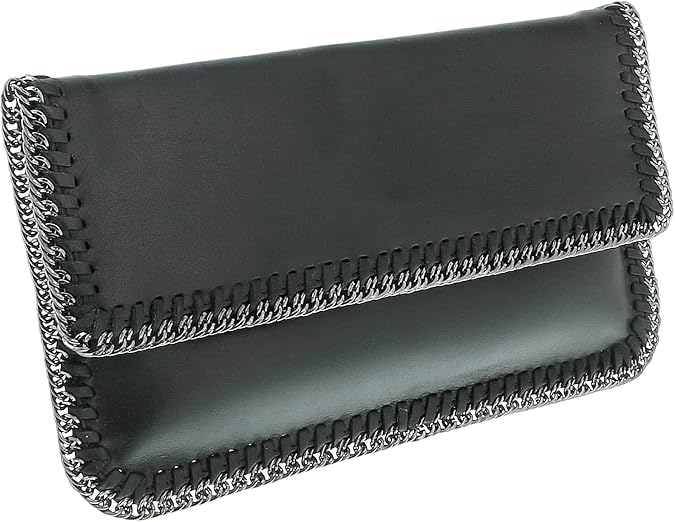 Pierre Cardin Black Leather Medium Enveloppe Curb Chain Embelished Clutch
