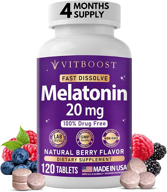 VITBOOST Melatonin 20mg Fast Dissolve Sleep Aid Tablets for Adults - 120 CT | Melatonin Extra Strength, Natural Berry Flavor, 3rd Party Tested, Drug-Free, Non-GMO, Made in USA | 4 Month Supply