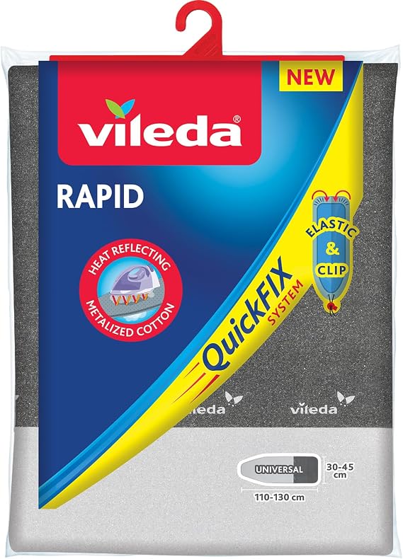 Vileda QuickFix Rapid Ütü Masası Kılıfı, Universal Ebat | 3 kat | 110-130 x 30-45 cm | Oeko-Tex metalize pamuk | ısıyı yansıtır | Klipsli elastik kenar ve kordon