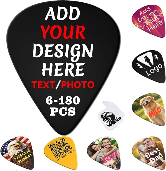 Custom Guitar Picks, Personalized Photo Text Picks, 12 Pack, 3 Thicknesses