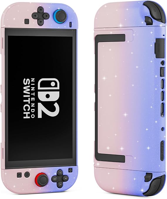 Glitter Switch 2 Case, Split Protective Cover Skin for Nintendo Switch 2 2025 Console&Controller, Gradient Pink and Purple Design Hardshell Switch 2 Accessories Protector