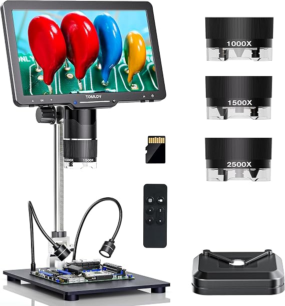 TOMLOV 10.1" 3 Lens 2K HDMI Digital Microscope 2500X, Coin Magnifier for Entire Coins with IPS Screen, LCD Soldering Microscope for Adults, 14 LED Lights, PC/TV Compatible, 64GB