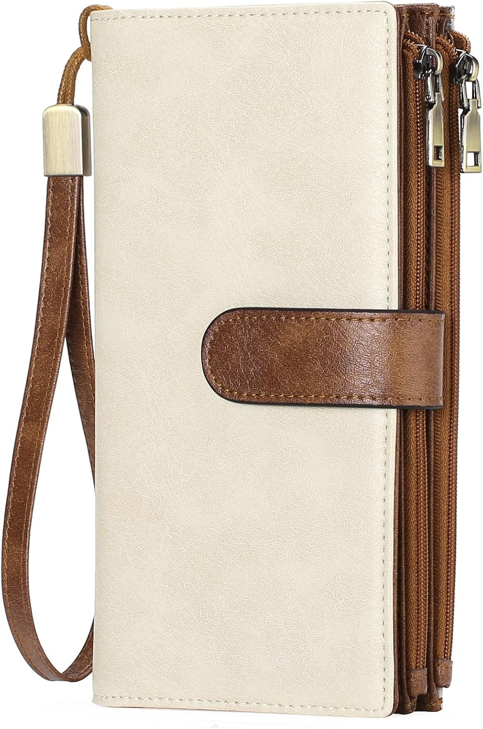 GOIACII Ladies Large Purse Soft Leather Women's Wallet, 2 Zipper Coin Phone Pockets, Detachable Wrist Strap, 5 ID Windows, RFID Blocking Travel Credit Card Holder, White Brown