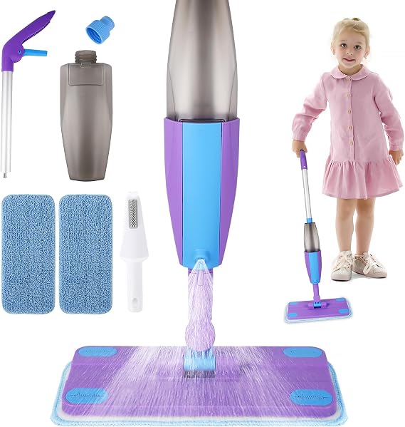 Toddler Cleaning Set Kids Spray Mop that Really Works | with Water Sprayer & 2 Washable Mop Pads & Scraper, Pretend Play Montessori Housekeeping Toys Gifts for Toddlers Kids