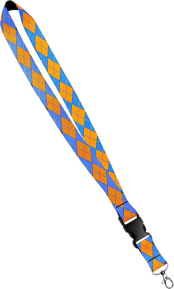 Argyle Plaid Print Lanyard - Colorful, Fun Satin Keychain Lanyard, ID Badge Holder - 1 Inch, Argyle, Blue and Gold