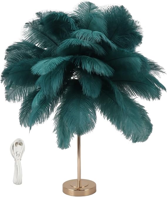 Feather Table Lamp 3 Color Dimmable Touch Switch USB Plug in Bedroom Lights Lamp for Nightstand Modern Decorative Bedside Light for Bedroom(Dark Green)