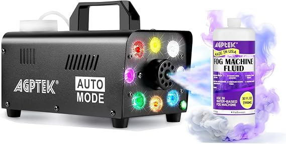 AGPTEK 500W Fog Machine with Lights with 32oz Smoke Fog Machine Liquid,Water-Based,Thick Atmosphere for Halloween, Christmas, Wedding, Parties, DJ Perform
