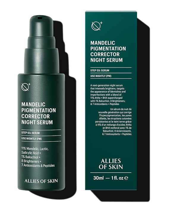 Allies of Skin Mandelic Pigmentation Corrector Night Serum | Gentle Acne Face Serum with Bakuchiol, Niacinamide & Salicylic Acid | Anti-Aging Formula to Reduce Pores and Even Skin Tone 1 oz